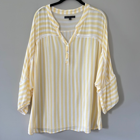 Adrienne Vittadini Striped Top Shirt V Neck Button Chest 3/4 Sleeves Size 2X - Picture 1 of 7